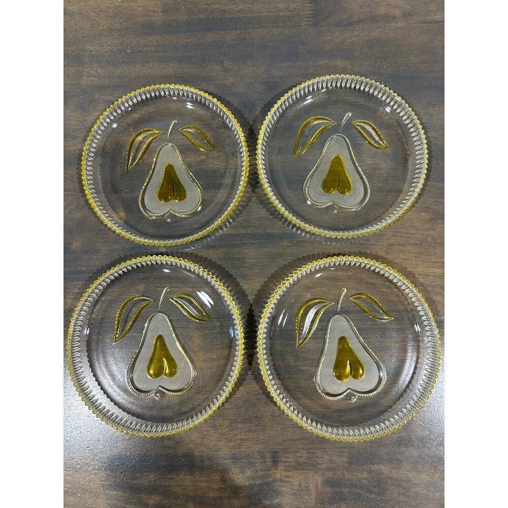 Vintage Walther Yellow and Clear Glass Pear Fruit Dessert Plates Set of 4 German